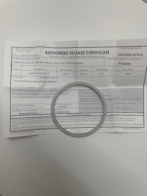 GASKET, WASTEGATE 002957006 aviation component, SKU 002957006