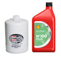 Champion oil filter and Shell oil bottle on a white background