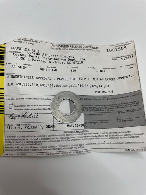 SHIM 0841004-8 aviation component, SKU 0841004-8